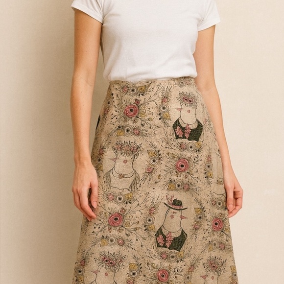 Pepaloves Dresses & Skirts - Anthropologie Pepaloves Linen Blend Tan Floral Bird Midi Skirt Size Medium